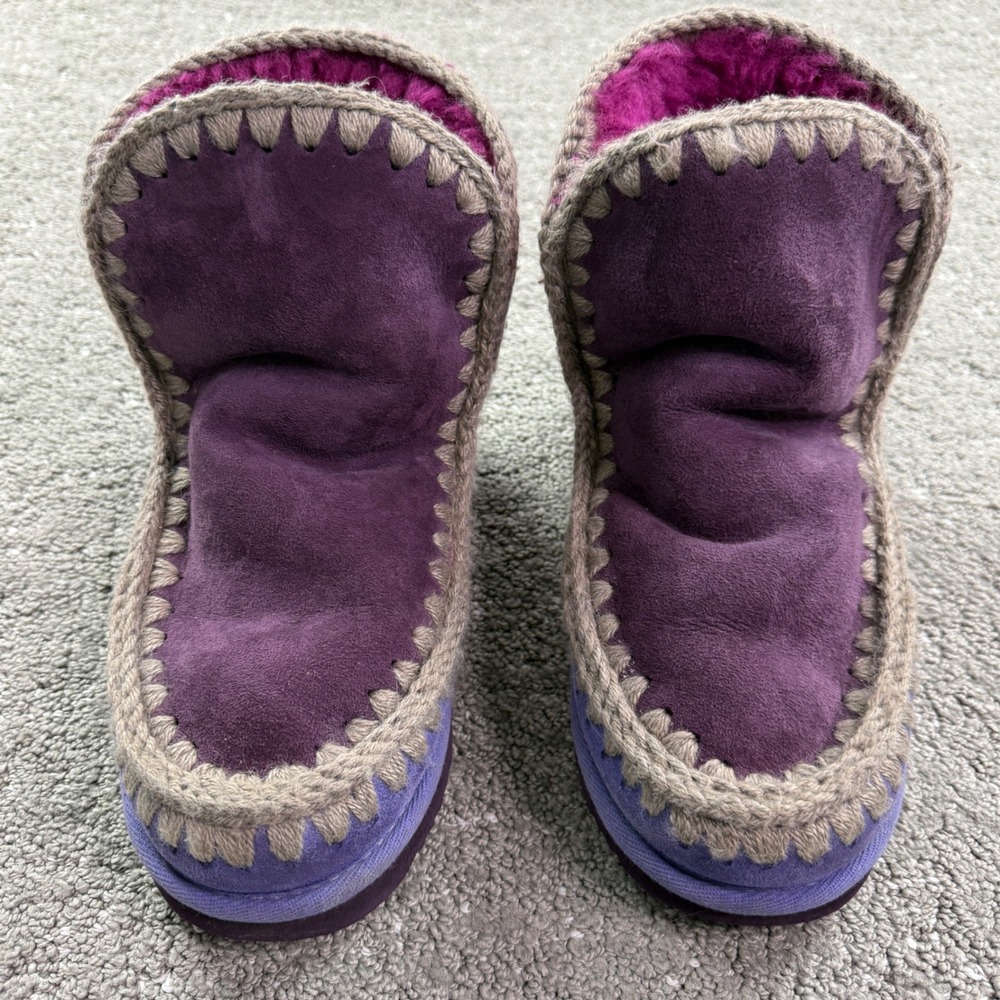 Mou Eskimo Boots Womens 38.5 Purple Suede Sheepskin Crochet Stitch Winter Boho - Picture 3 of 9